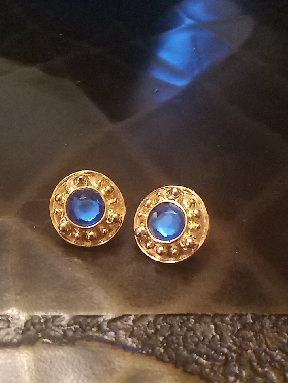 Vintage Byzantine Gold Plated Blue Crystal Round Stud Earrings -